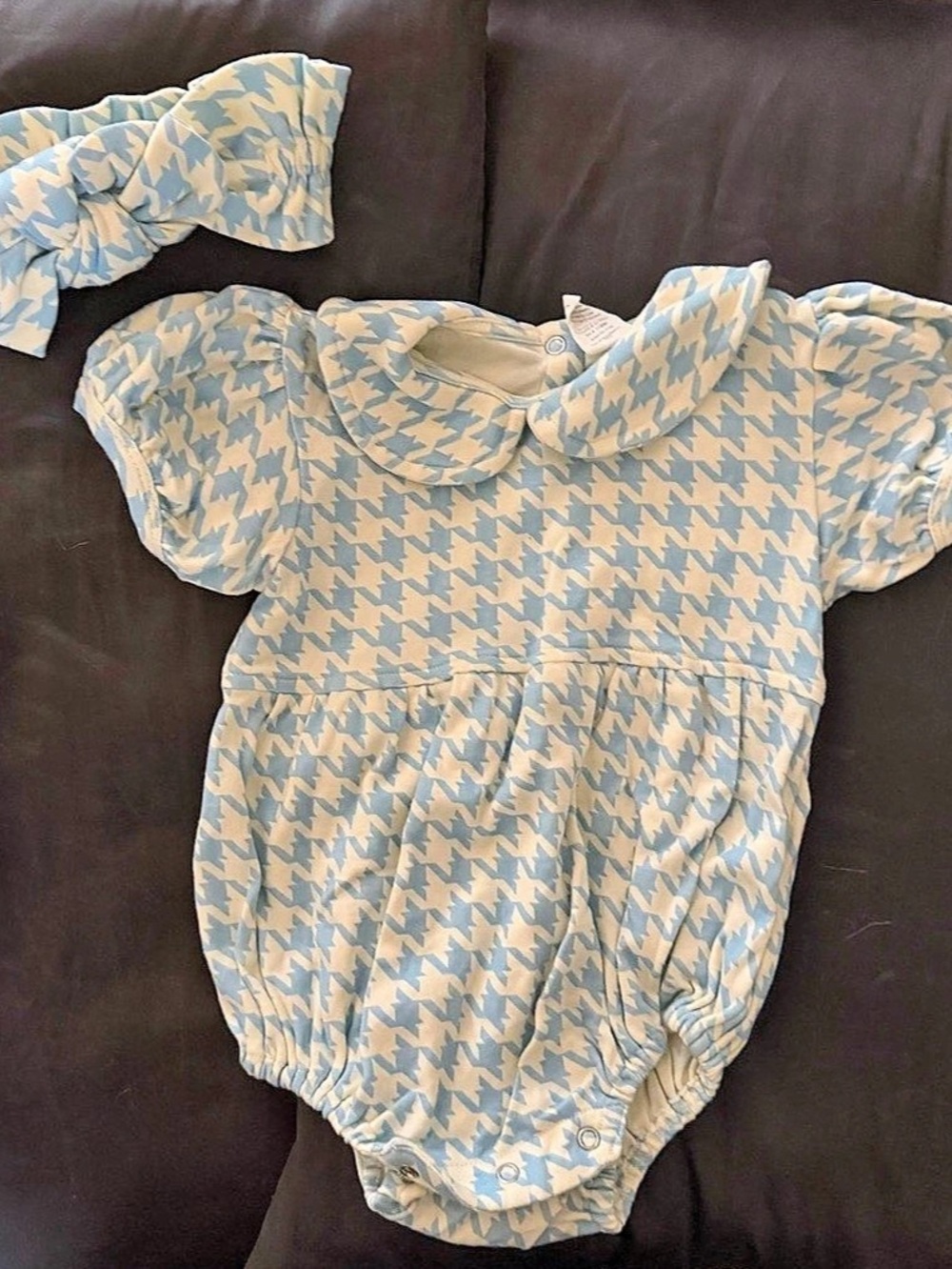 Kate Quinn Baby Blue & Ivory Houndstooth Bubble Romper & Headband~ Size 2T